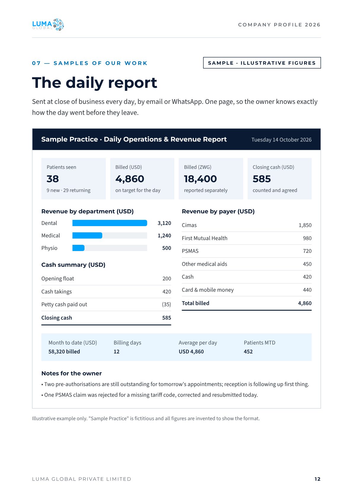 Sample daily operations and revenue report